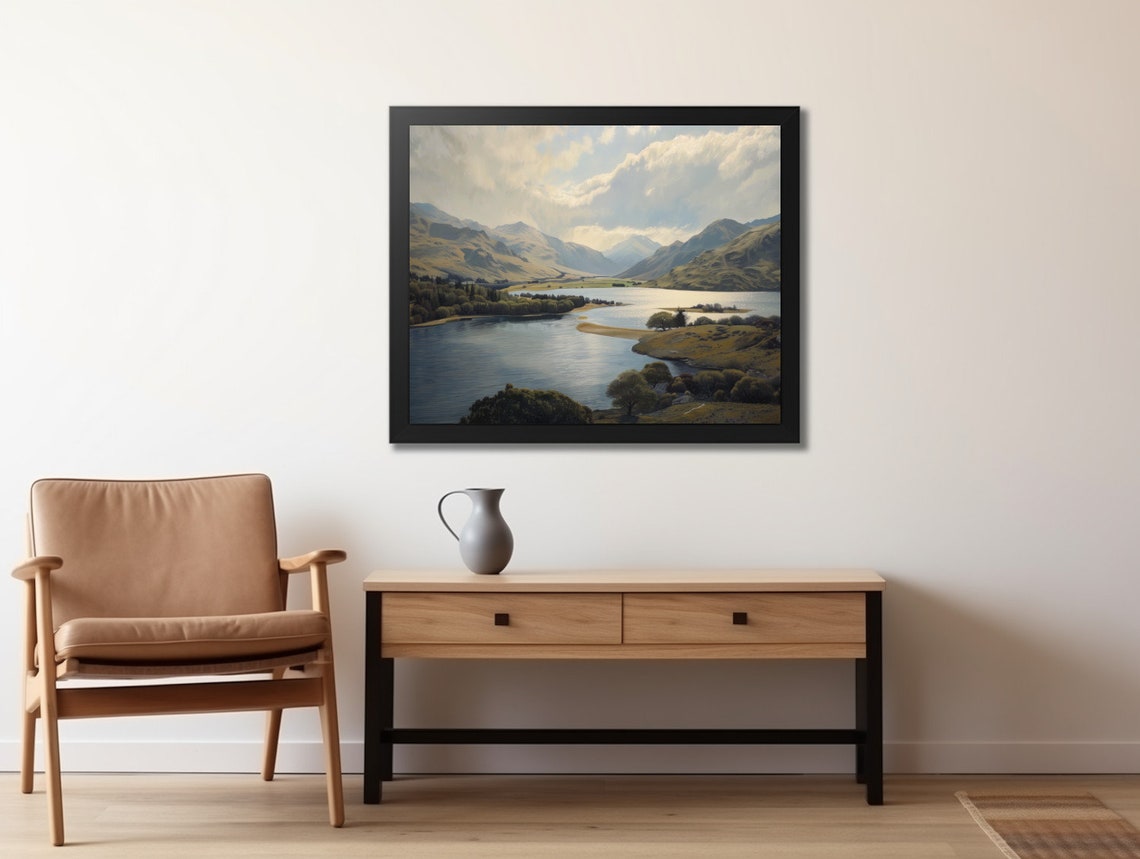 Rustic Moody Summer Landscape Vintage River Landscape Painting - Image 2