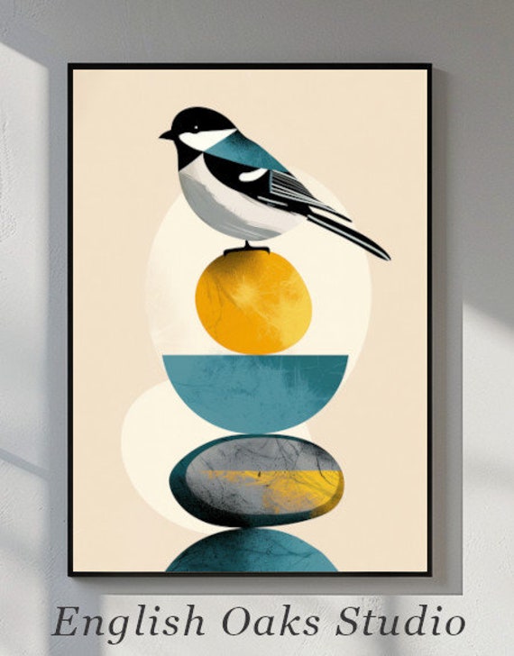 Mid Century Modern Blue Bird On Geometric Shapes Print Minimalist Bird Wall Art