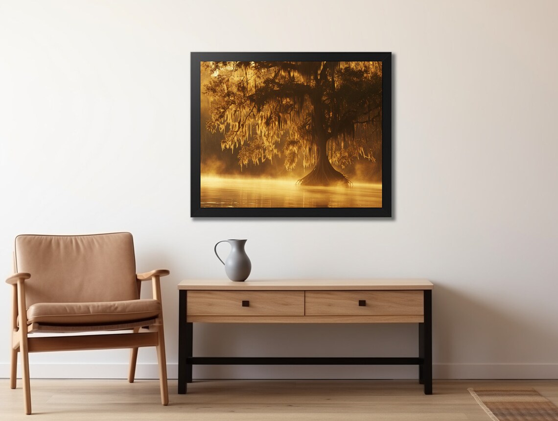 Majestic Cypress Tree Spanish Moss Golden Sunrise Water Poster - Image 2
