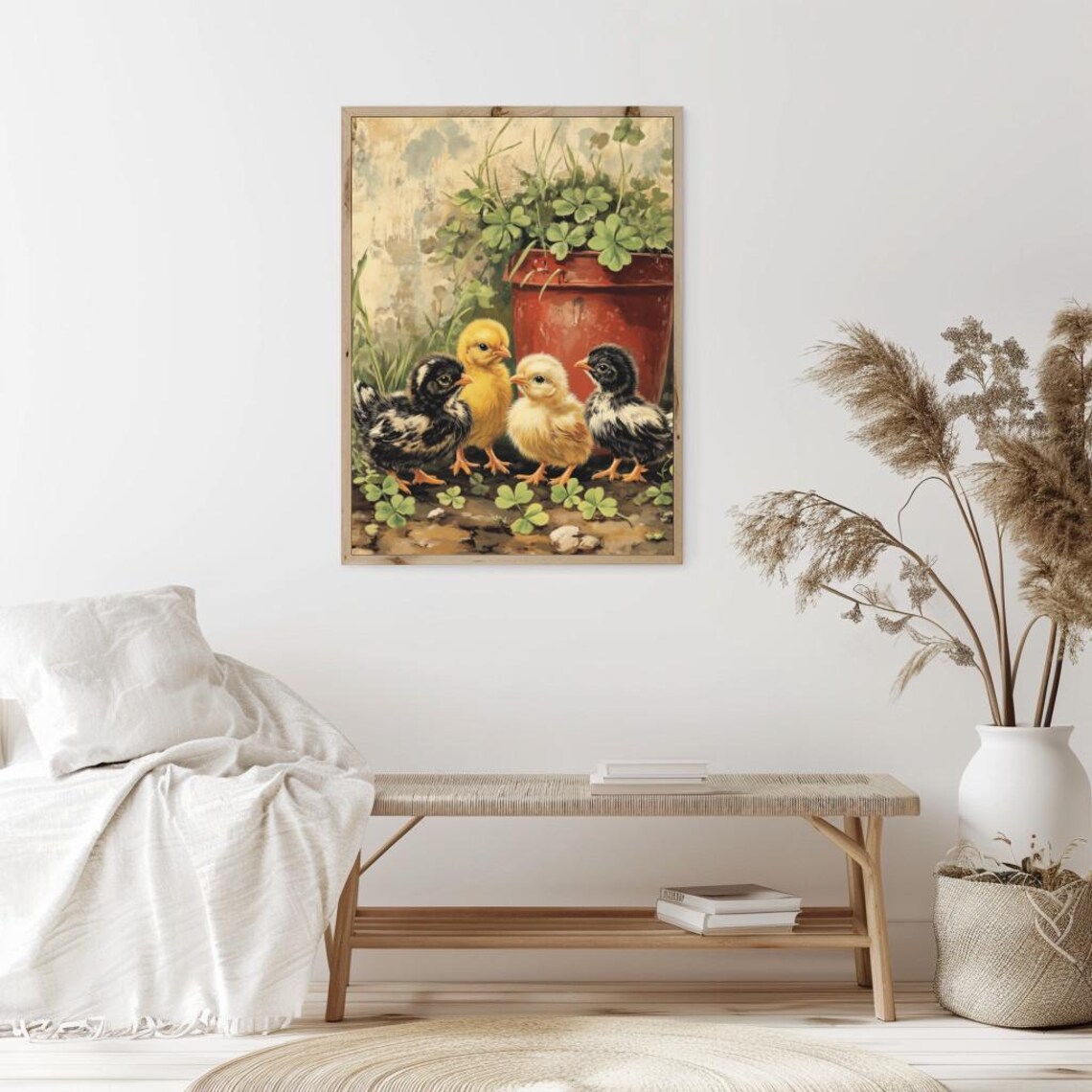 Four Baby Chicks Beside Clover Pot Vintage Farm Animal Poster - Image 2