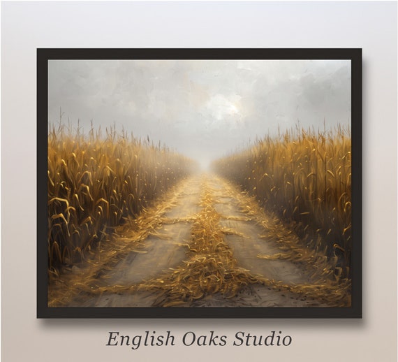 Country Summer Rustic Neutral Moody Corn Field Path Painting Farmhouse Vintage Autumn Landscape Print