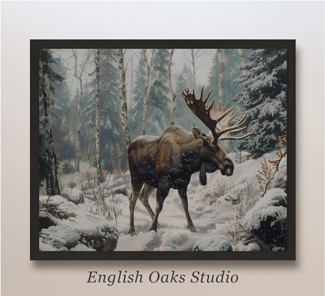 Rustic Moody Moose Winter Landscape Painting Vintage Snowy Mountain Moose Landscape Cabin Decor Print