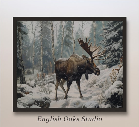 Rustic Moody Moose Winter Landscape Painting Vintage Snowy Mountain Moose Landscape Cabin Decor Print