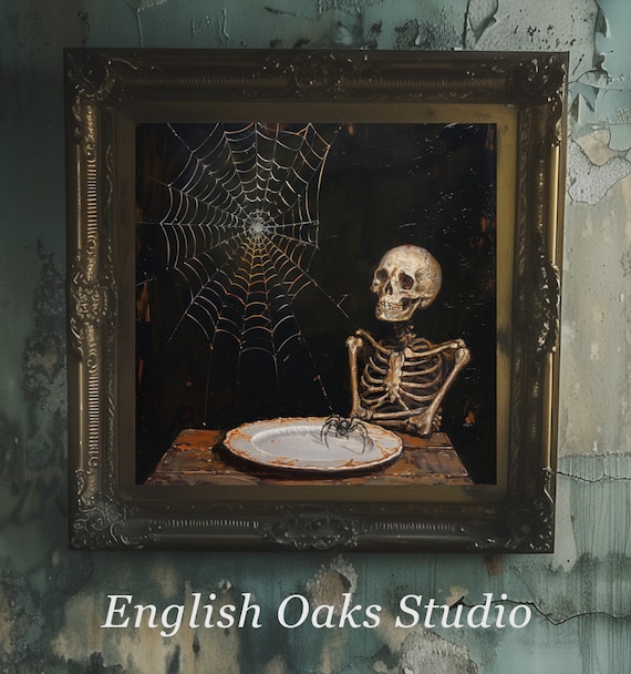 Skeleton Table Spider Web Dinner Plate Gothic Dark Academia Halloween Poster
