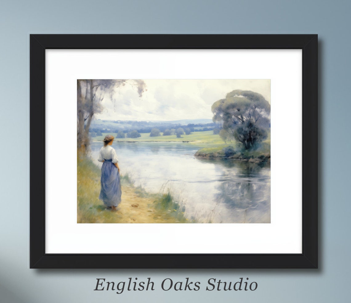 Vintage Girl By The River Painting Antique Landscape Of Girl Sitting By A Lake Painting 02