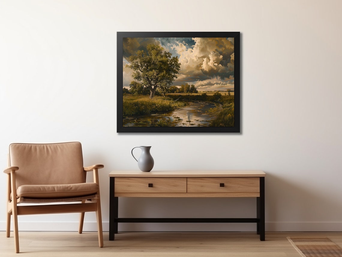 Moody River Landscape With Old Tree Under Dramatic Cloudy Sky Poster - Image 2