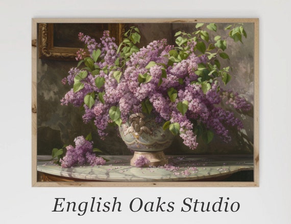 Moody Lilac Flower Vase Painting Vintage Purple Flower Still Life Print
