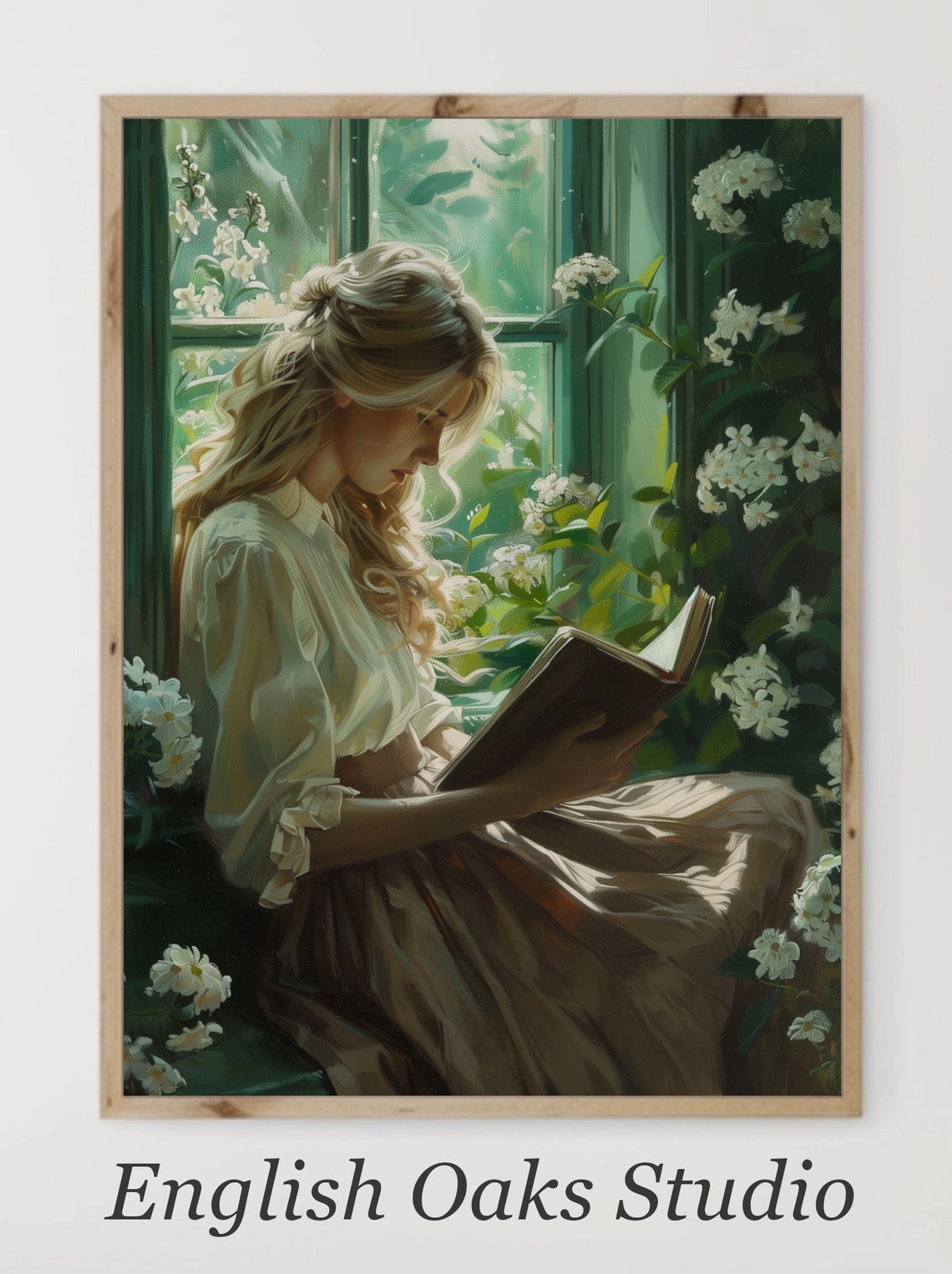 Young Woman Reading By A Flowered Window Vintage Painting Poster