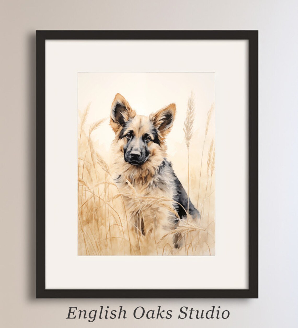 German Shepherd Puppy in Golden Wheat Field Watercolor Pet Poster