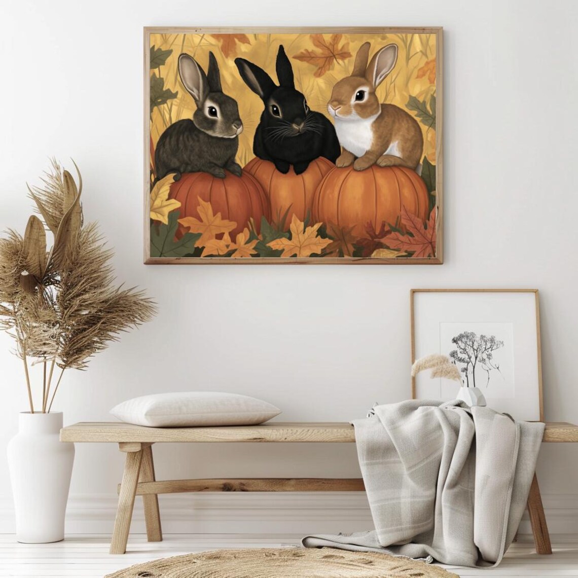 Fall Rabbits on Orange Pumpkins, Autumn Animal Art Print - Image 2