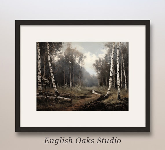 Fall Moody Rustic Birch Trees Landscape Painting Vintage Neutral Autumn Forest Print