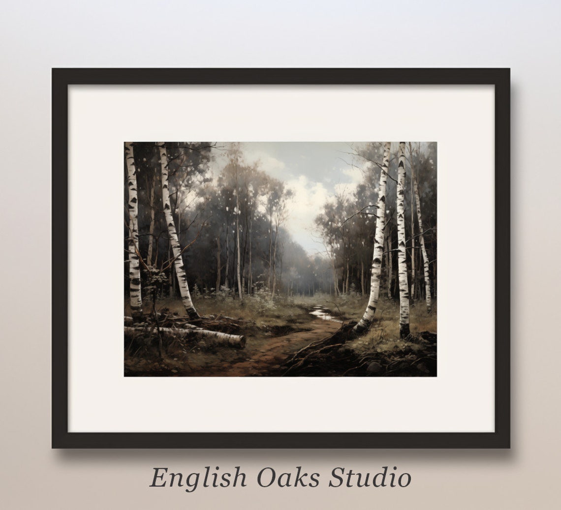 Fall Moody Rustic Birch Trees Landscape Painting Vintage Neutral Autumn Forest Print