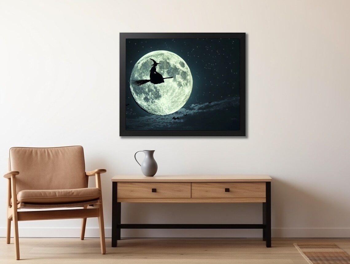 Witch Silhouette Broom Full Moon Night Sky Stars Bats Halloween Art Poster - Image 2
