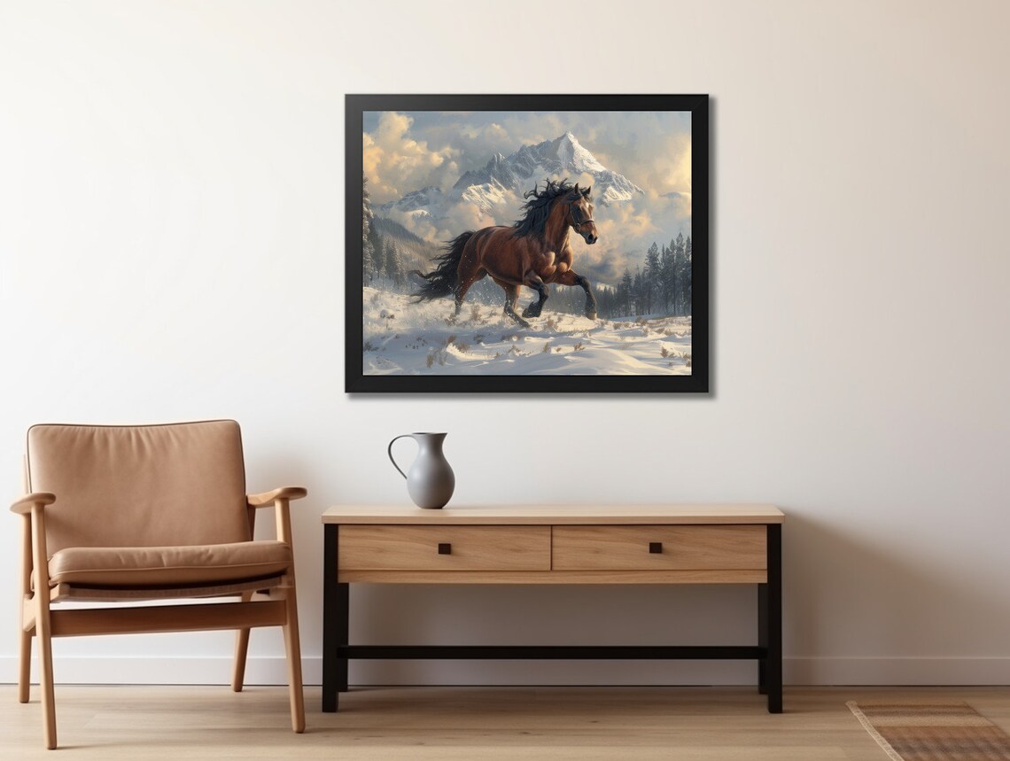 Bay Horse Galloping Snowy Alpine Meadow Mountain Winter Art Poster - Image 2