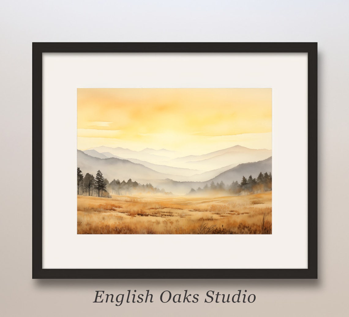 Vintage Fall Landscape Oil Painting Rustic Fall Plain With Trees And Mountains In The Background