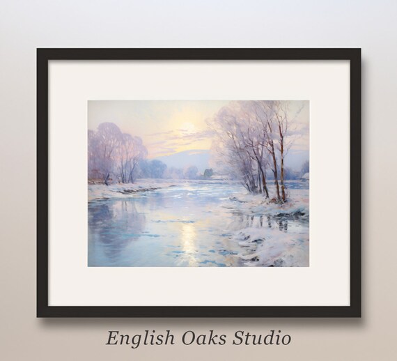 Frosty River Winding Through Pastel Misty Winter Landscape Poster