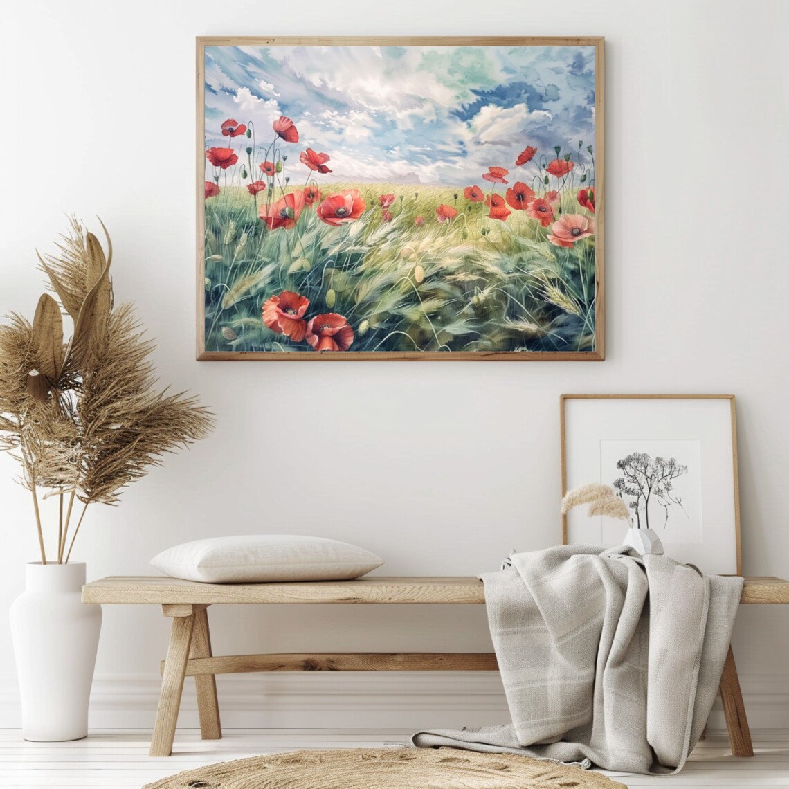 Red Poppies in Green Wheat Field Watercolor Cloudy Sky Poster - Image 2