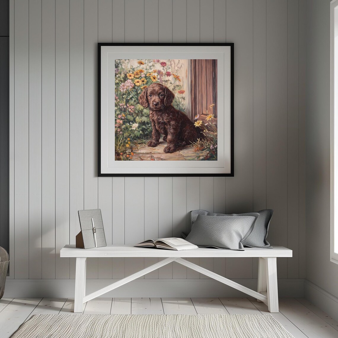 Chocolate Brown Puppy Garden Flowers Vintage Style Dog Poster