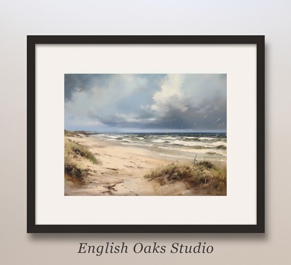 Moody Beach Waves and Storm Clouds Coastal Oil Painting Poster
