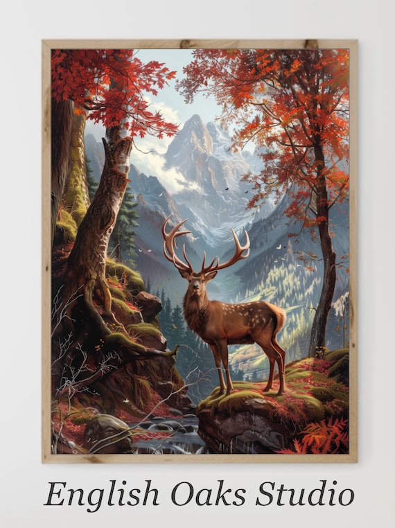 Antlered Stag In Autumn Mountains Vintage Rustic Cabin Woodland Poster