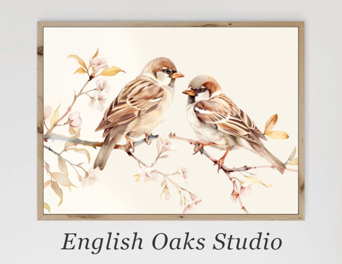 Two Sparrows Watercolor Painting Blossom Branch Birds Poster