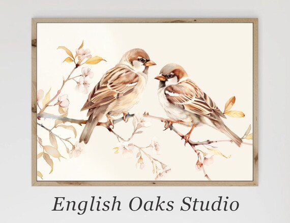 Two Sparrows Watercolor Painting Blossom Branch Birds Poster