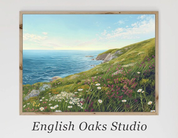 Coastal Wildflower Cliff Painting Spring Ocean Meadow Landscape Poster