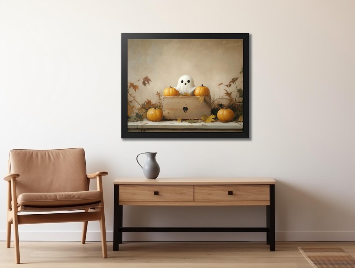 Cute Little Ghost in Wooden Box with Pumpkins Cozy Fall Halloween Art Poster - Image 2