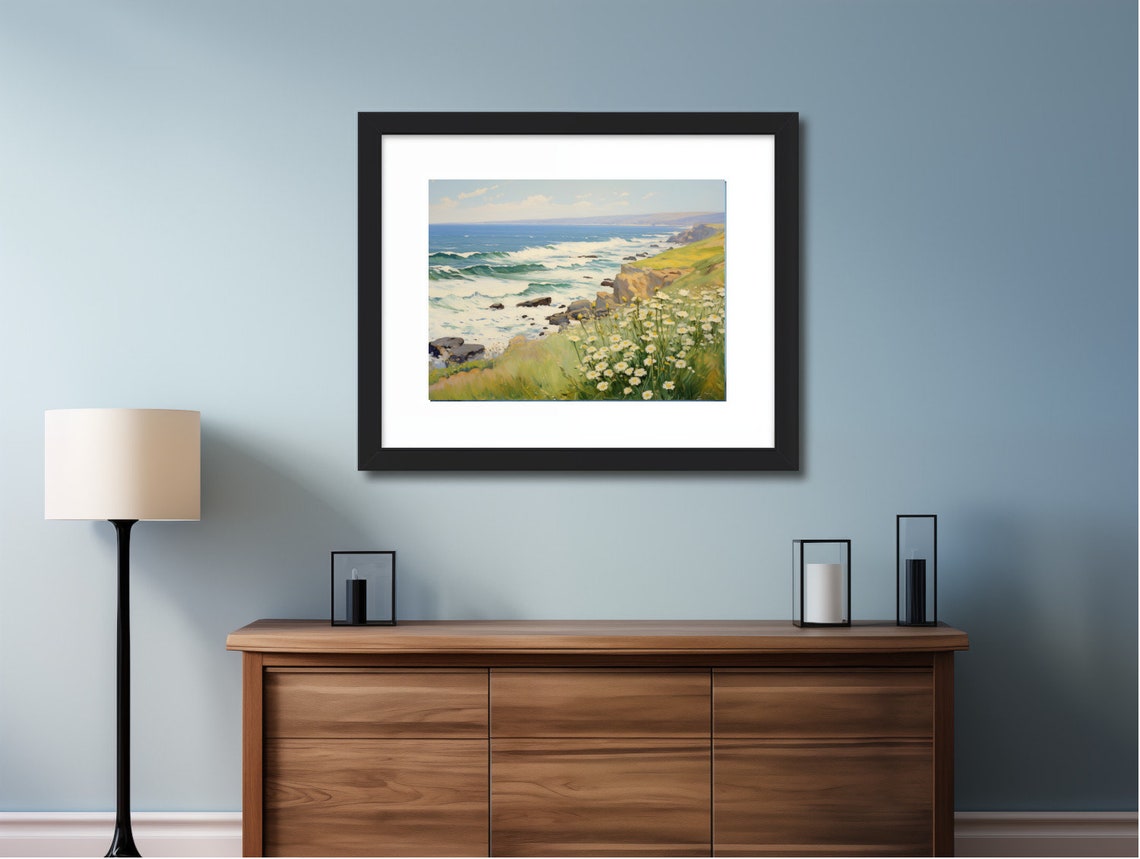 Summer Day With Daisies At The Rocky Seaside Cliffs Oil Poster - Image 2