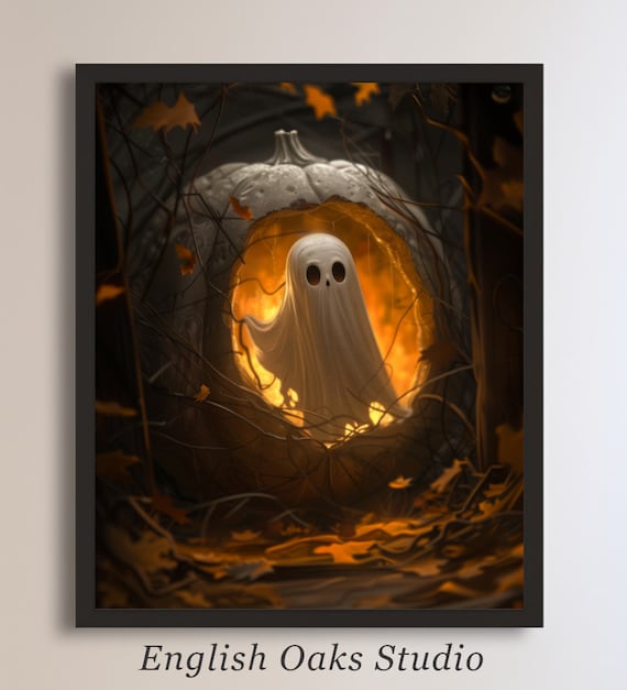 Cute Ghost Glowing Carved Pumpkin Night Forest Spooky Halloween Art Poster