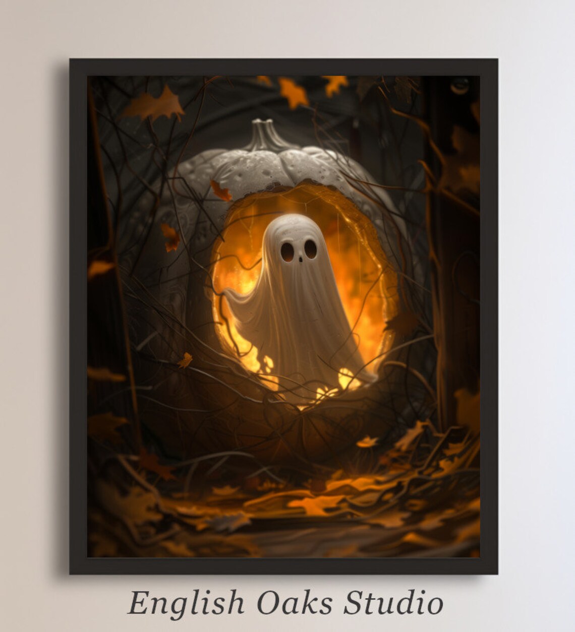 Cute Ghost Glowing Carved Pumpkin Night Forest Spooky Halloween Art Poster