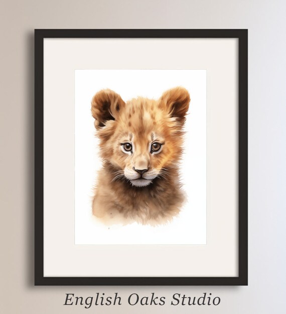 Baby Lion Cub Portrait Warm Watercolor Safari Nursery Wall Art