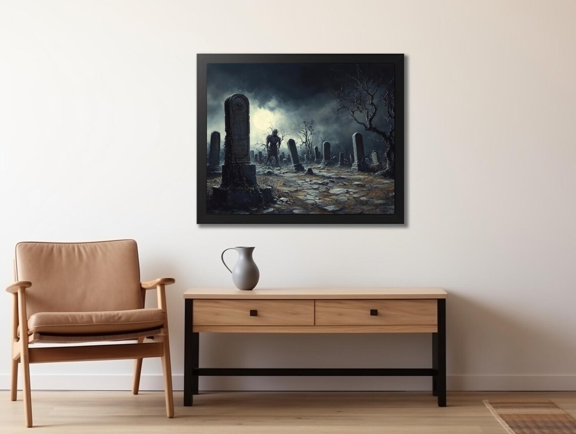Zombie Walking in Haunted Cemetery Under Full Moon Spooky Gothic Art Poster - Image 2
