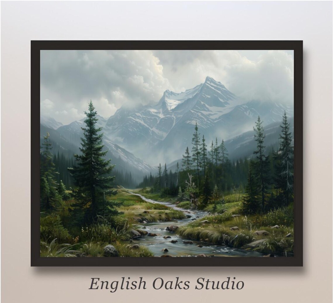 Misty Mountain River With Pine Trees Rustic Wilderness Landscape Art Poster