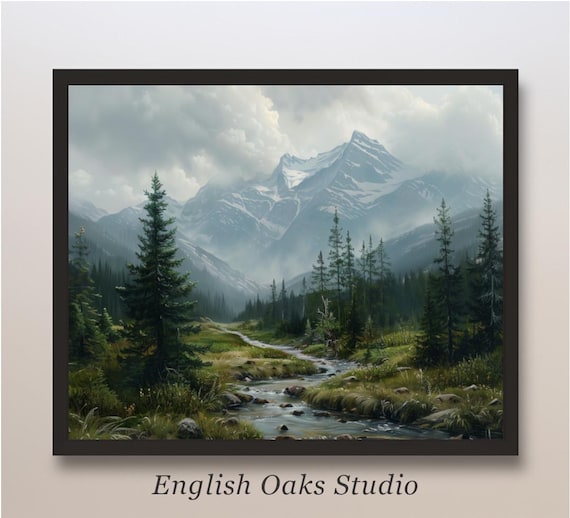 Misty Mountain River With Pine Trees Rustic Wilderness Landscape Art Poster