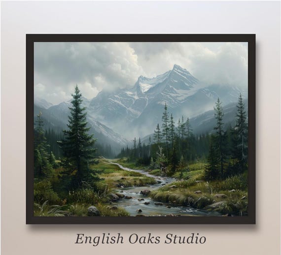 Rustic Moody Mountain River With Scattered Pine Trees On The Banks Of The River Painting Vintage Alpine Summer Landscape Print