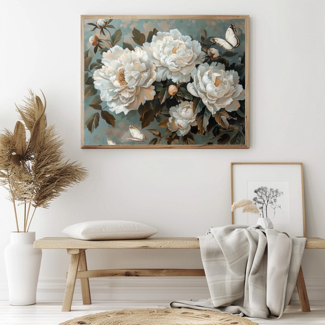 White Peonies and Butterflies Soft Elegant Floral Art Poster - Image 2