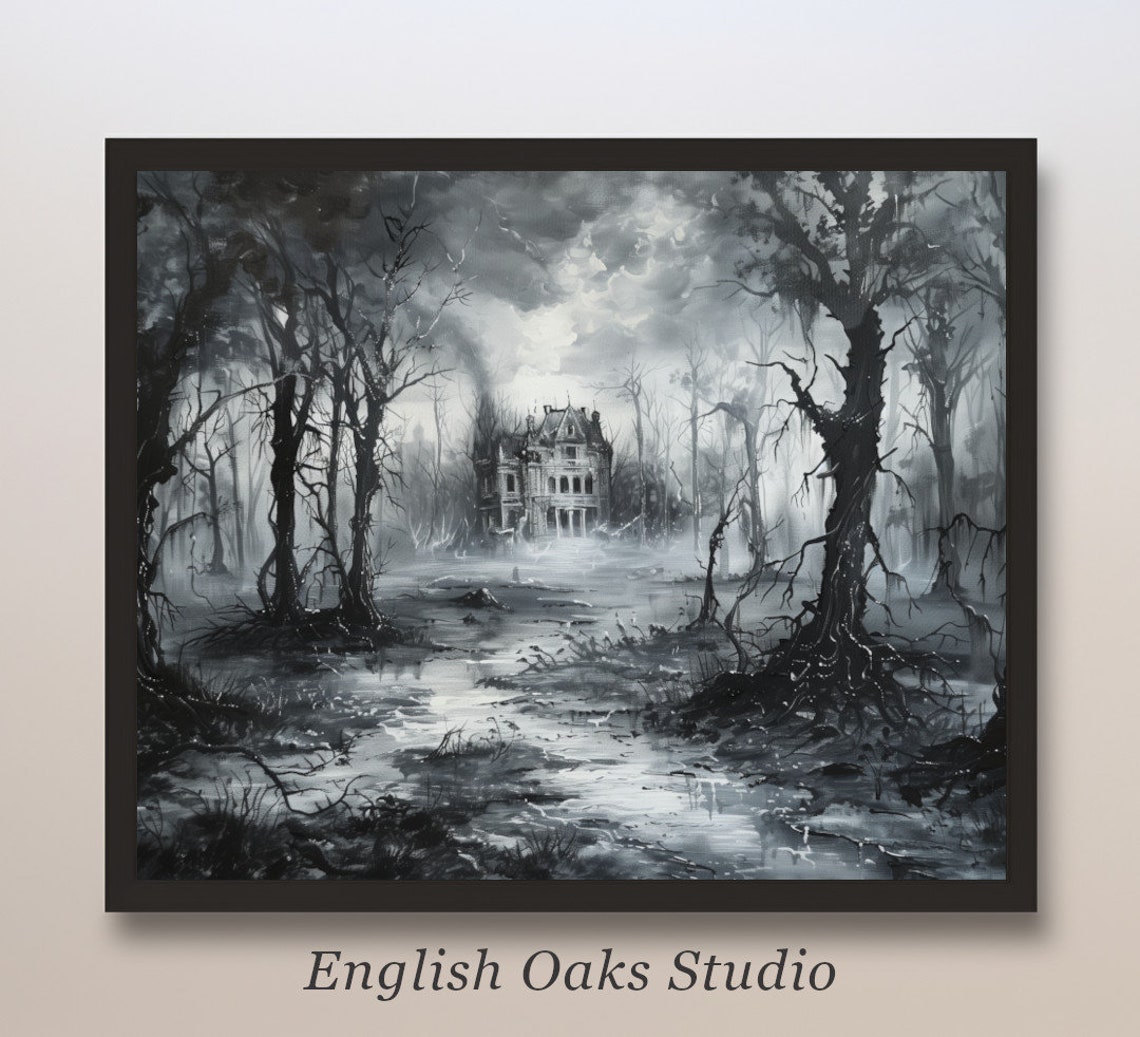 Haunted Mansion Foggy Woods Black White Spooky Gothic Painting Poster
