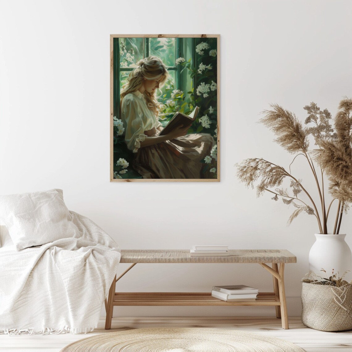Young Woman Reading By A Flowered Window Vintage Painting Poster - Image 2