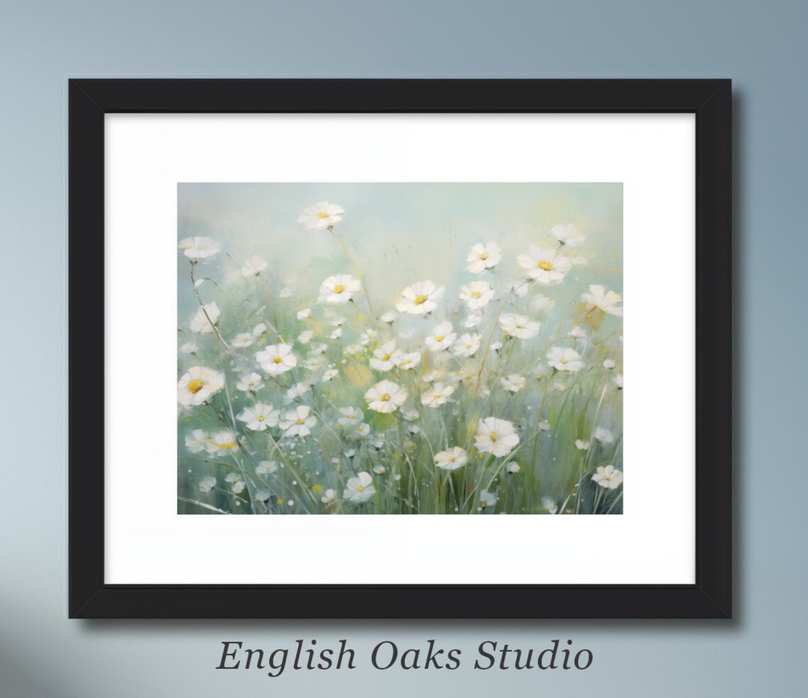 White Wildflowers in a Soft Green Meadow Floral Oil Painting Poster