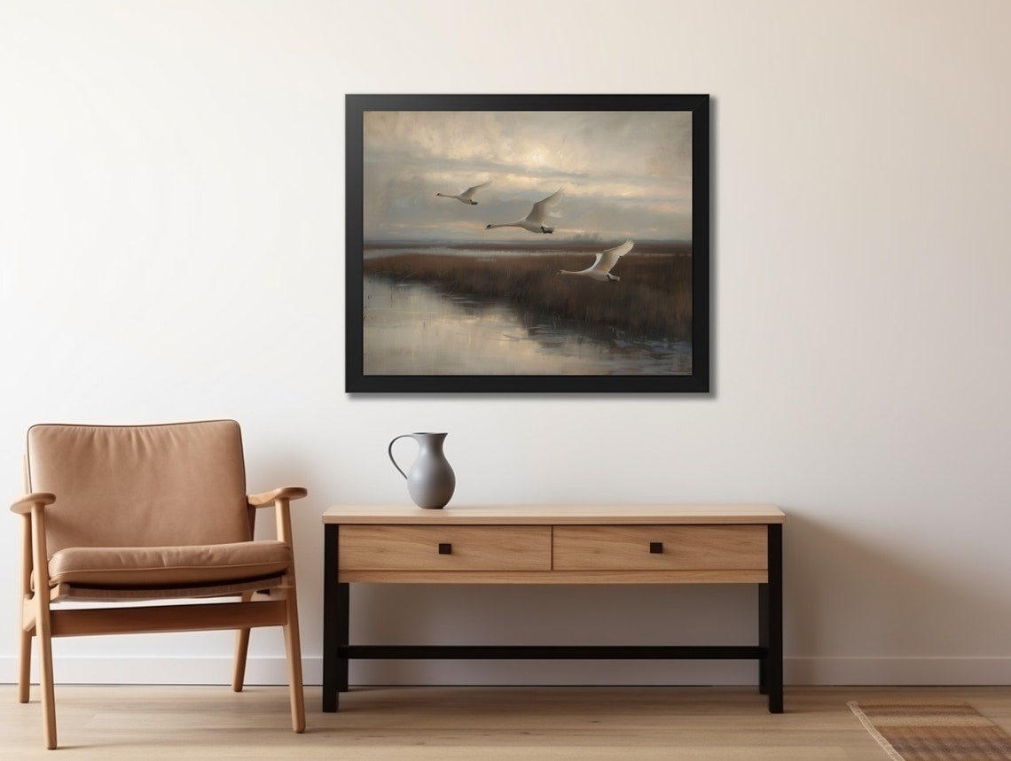 Three White Swans Flying Low Over Marsh Water at Dusk Poster - Image 2