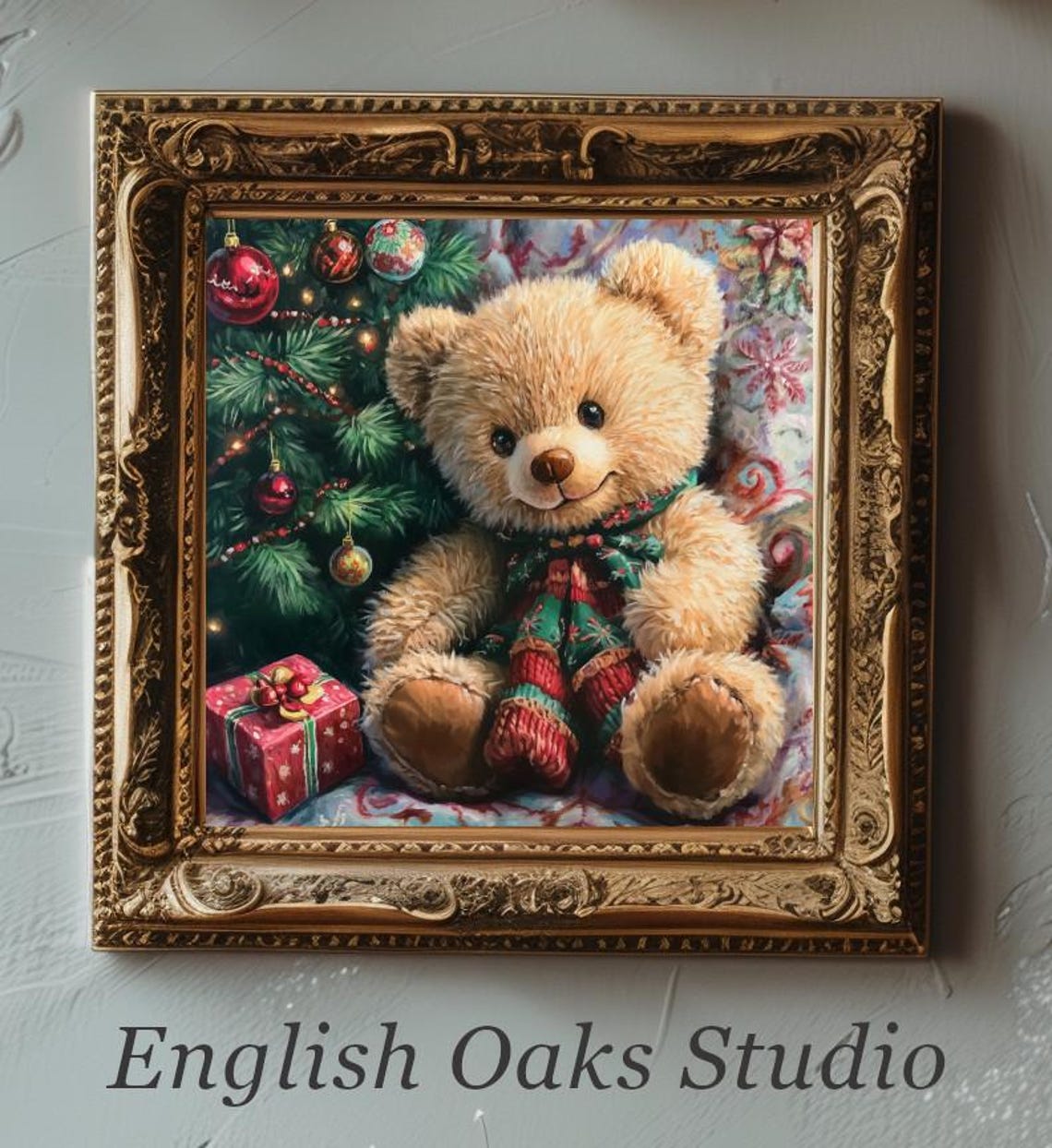 Fluffy Teddy Bear With Christmas Tree And Gift Vintage Poster