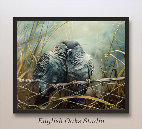 Two Pigeons Cuddling Wire Fence Autumn Grasses Moody Birds Love Poster