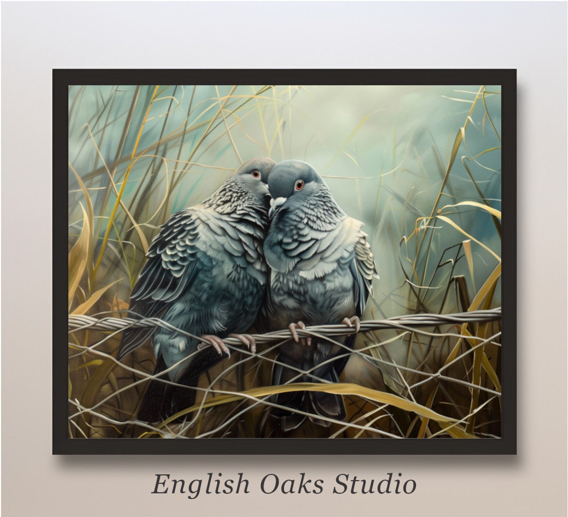 Two Pigeons Cuddling Wire Fence Autumn Grasses Moody Birds Love Poster