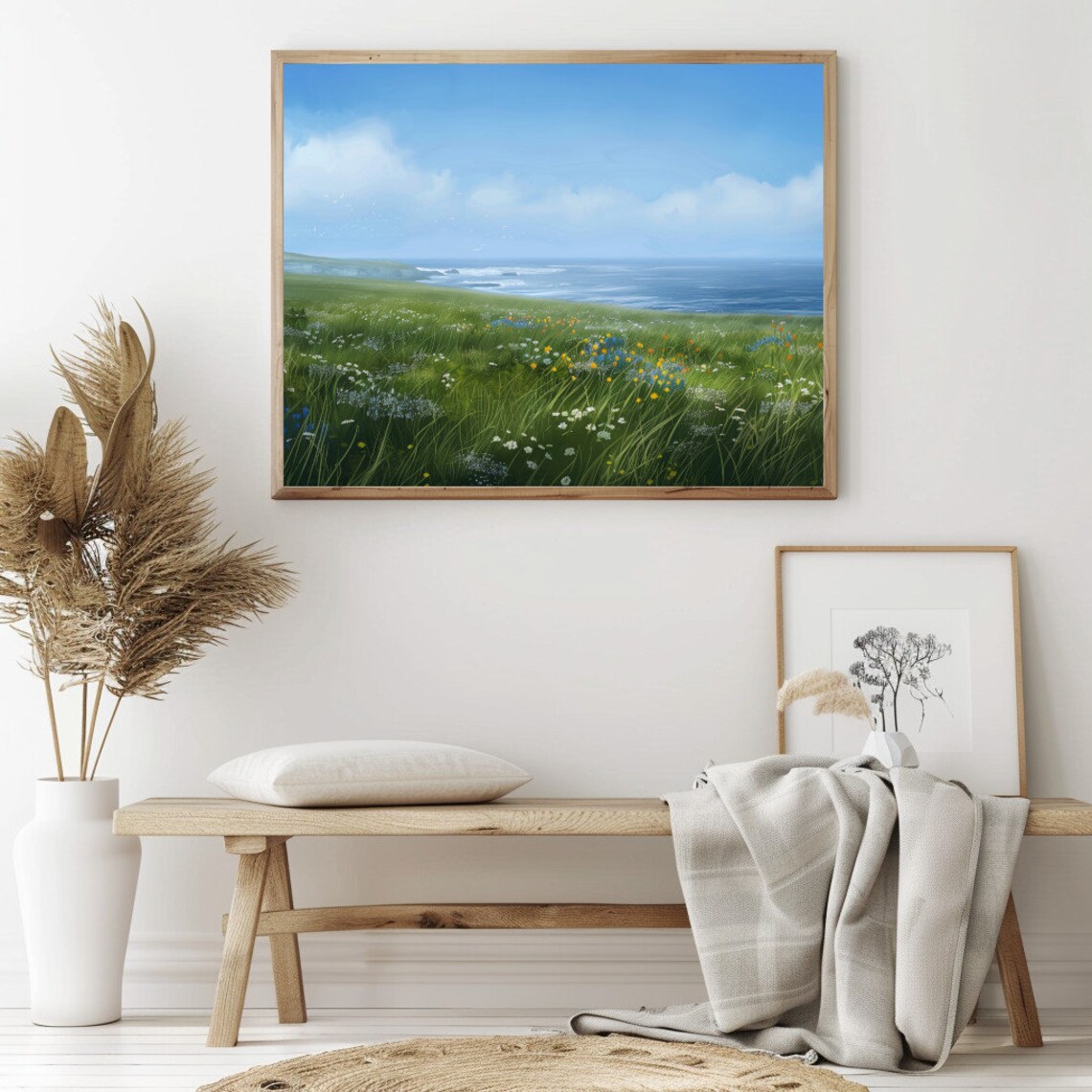 Seaside Grass Meadow Painting Wildflowers Blue Ocean View Poster - Image 2