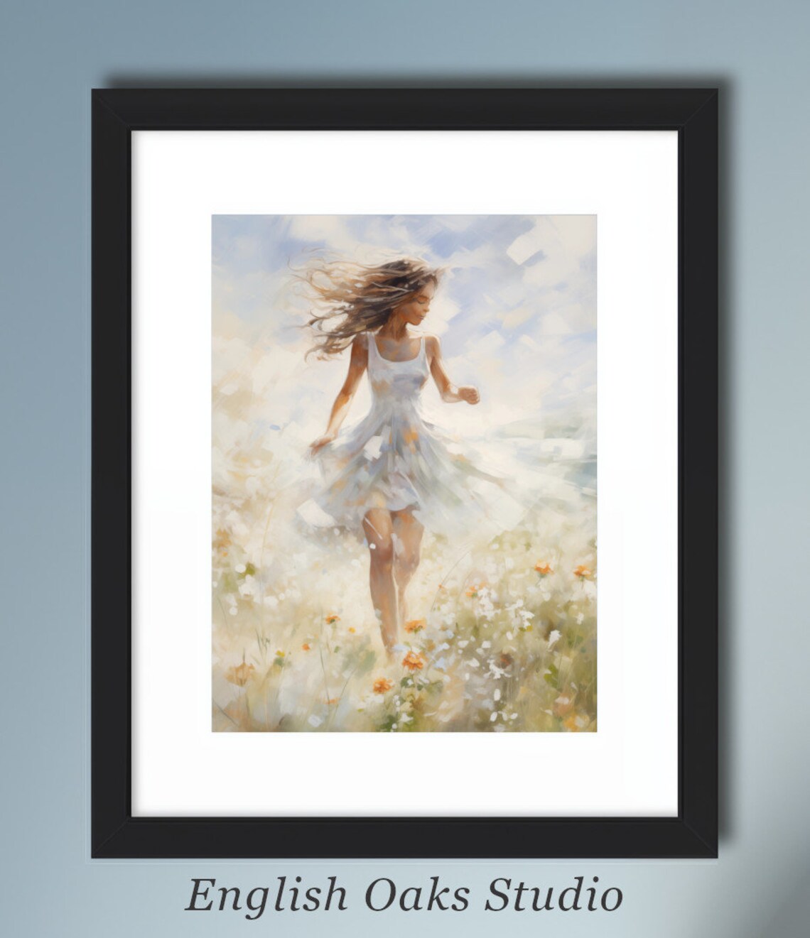 Young Woman Running Through Sunlit Wildflower Field Art Poster