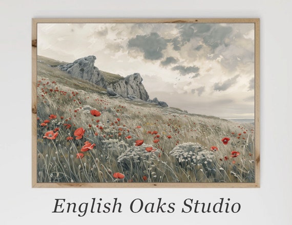 Moody Vintage Rustic Summer Wildflower Poppy Field Mountain Painting Farmhouse Botanical Spring Landscape Print