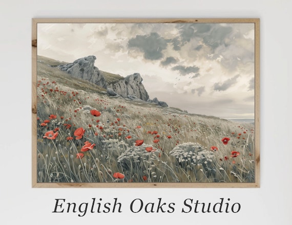 Red Poppies on Misty Rocky Hillside Cloudy Sky Vintage Poster