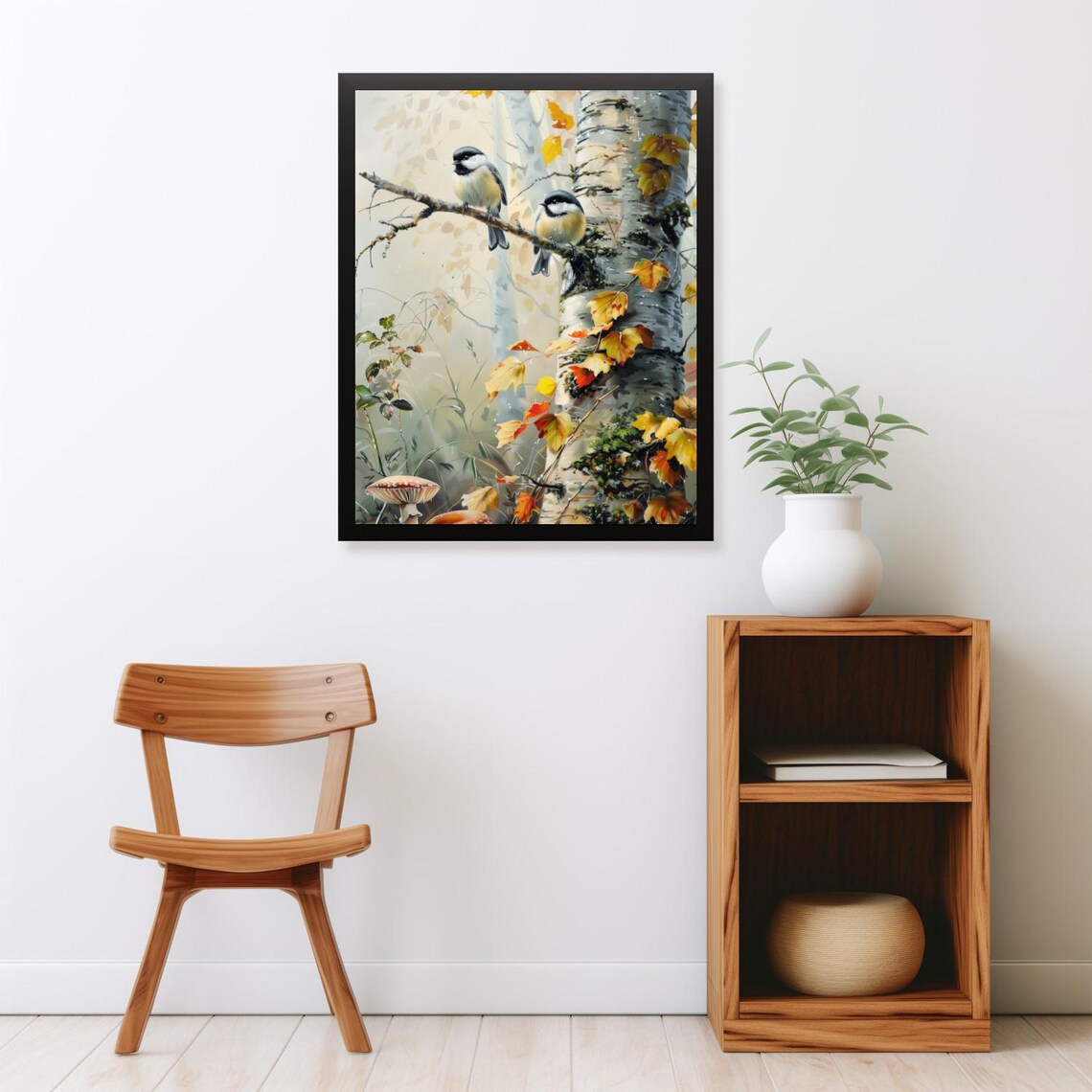 Two Chickadees On Birch Branch With Autumn Leaves Bird Poster - Image 2
