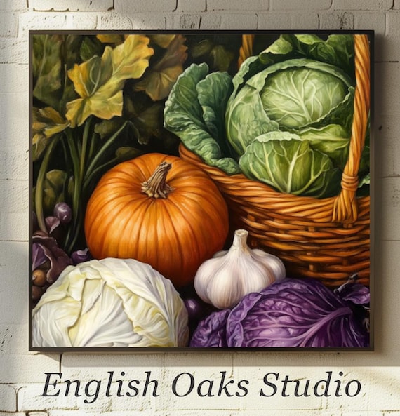Pumpkin Cabbage Garlic and Red Cabbage Rustic Kitchen Harvest Still Life Poster